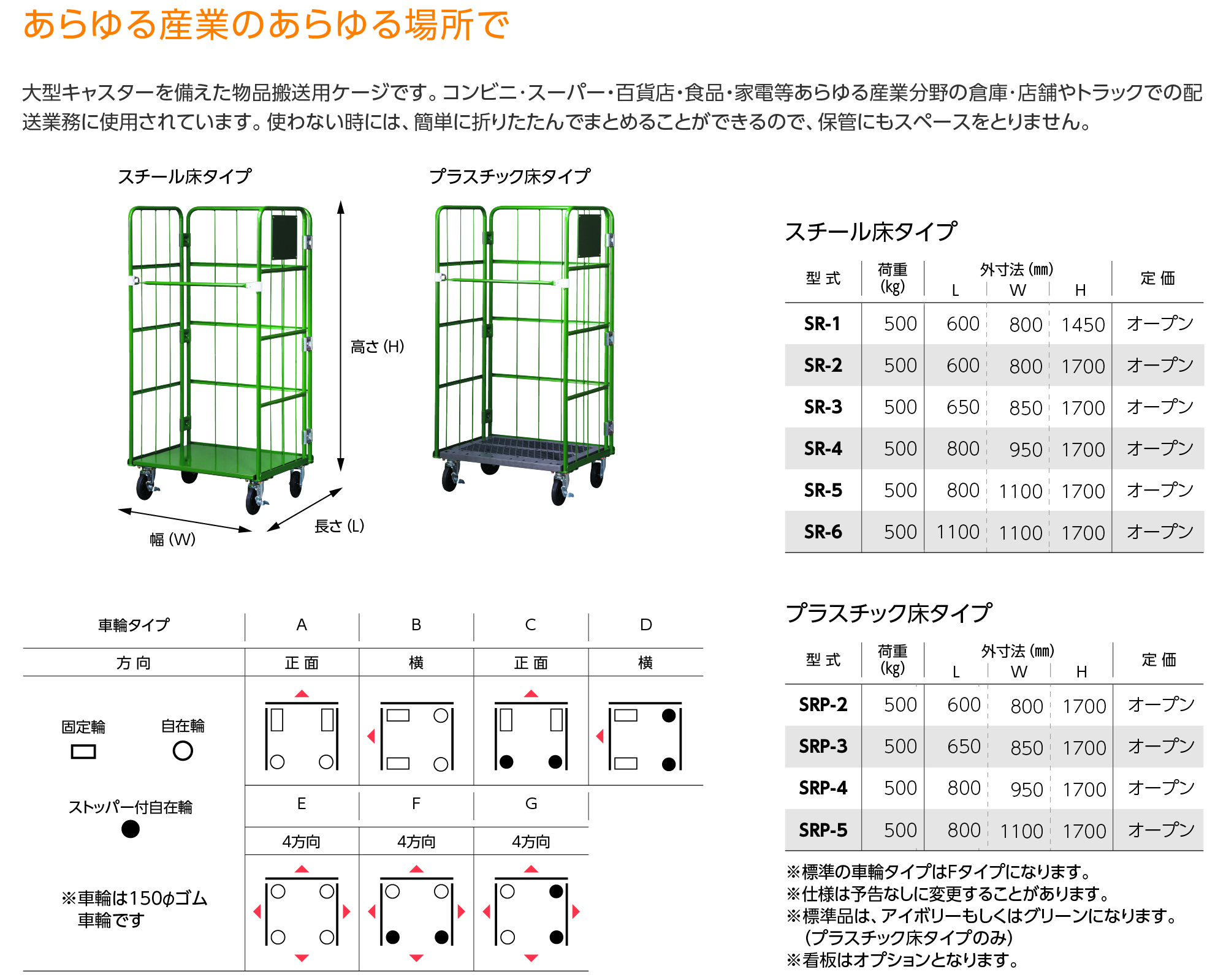 あらゆる産業のあらゆる場所で　大型キャスターを備えた物品搬送用ケージです。コンビニ・スーパー・百貨店・食品・家電等あらゆる産業分野の倉庫・店舗やトラックでの配送業務に使用されています。使わない時には、簡単に折りたたんでまとめることができるので、保管にもスペースをとりません。車輪タイプ：A（正面）、B（横）、C（正面、後ろにストッパー付自在輪）、D（横、横にストッパー付自在輪）、E（4方向）、F（4方向、後ろにストッパー付自在輪）、G（4方向、横にストッパー付自在輪）※車輪は150φゴム車輪ですスチール床タイプ（SR-1、SR-2、SR-3、SR-4、SR-5、SR-6）、プラスチック床タイプ（SRP-2、SRP-3、SRP-4、SRP-5）※標準の車輪タイプはFタイプになります。※仕様は予告なしに変更することがあります。※標準品は、アイボリーもしくはグリーンになります。（プラスチック床タイプのみ）※看板はオプションとなります。